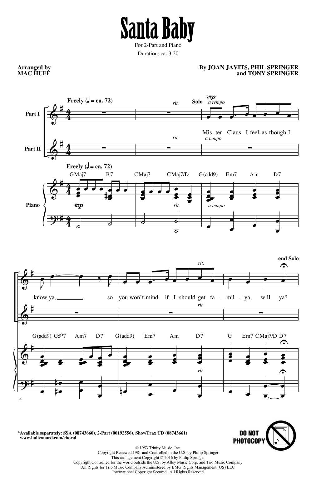 Mac Huff Santa Baby sheet music notes and chords arranged for 2-Part Choir