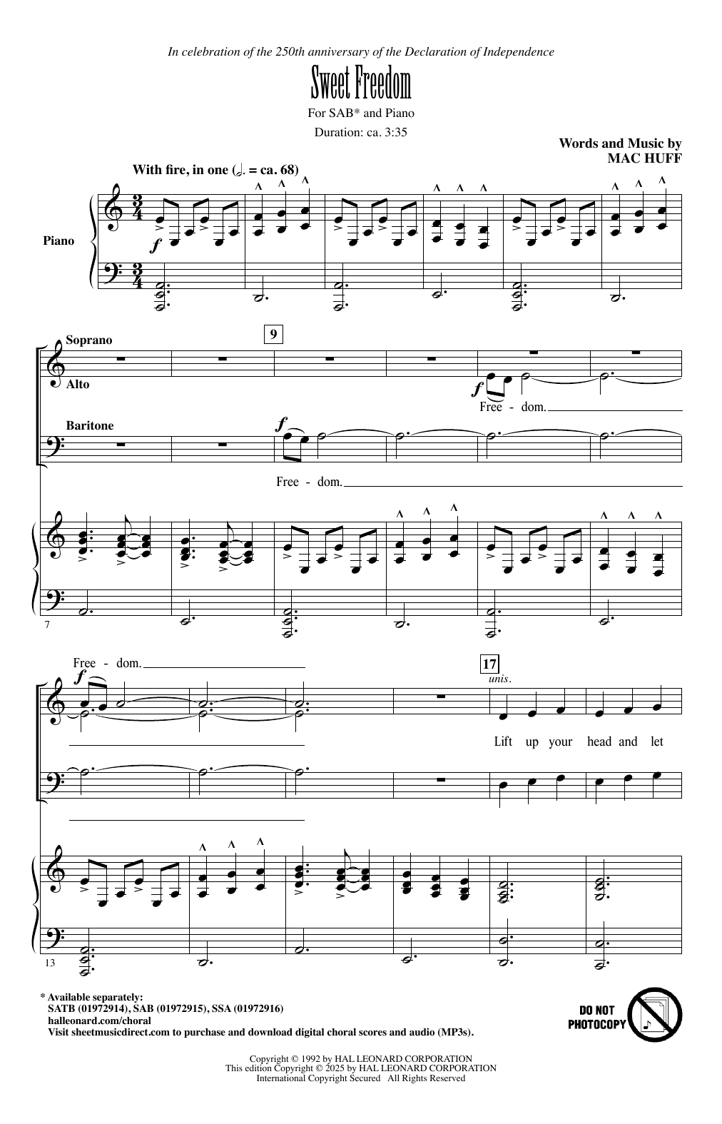 Mac Huff Sweet Freedom! sheet music notes and chords arranged for SAB Choir