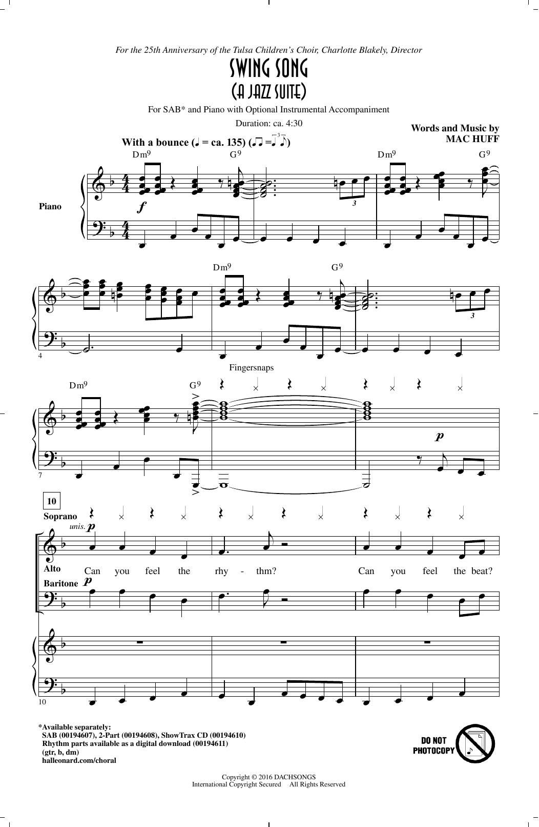 Mac Huff Swing Song (A Jazz Suite) sheet music notes and chords arranged for SAB Choir