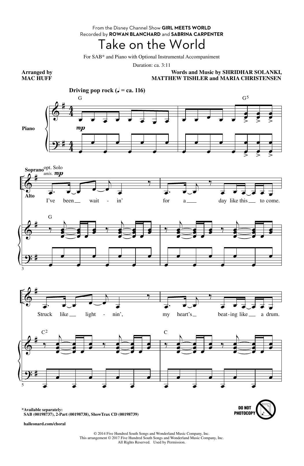Mac Huff Take On The World sheet music notes and chords arranged for 2-Part Choir