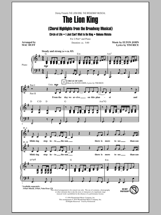 Mac Huff The Lion King (Broadway Musical Highlights) sheet music notes and chords arranged for 3-Part Mixed Choir