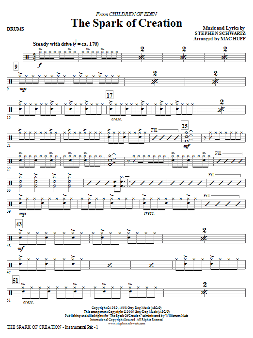 Mac Huff The Spark of Creation (from Children of Eden) - Drums sheet music notes and chords arranged for Choir Instrumental Pak
