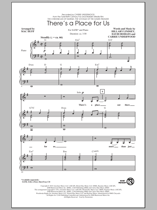 Mac Huff There's A Place For Us sheet music notes and chords arranged for 2-Part Choir