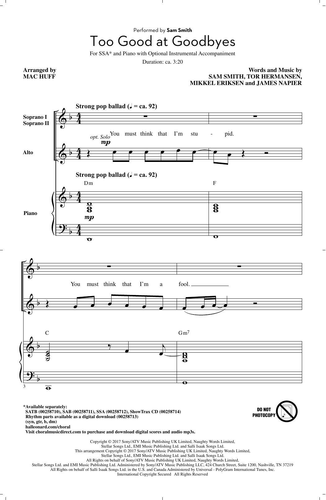 Mac Huff Too Good At Goodbyes sheet music notes and chords arranged for SSA Choir