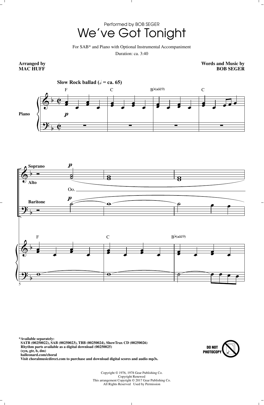 Mac Huff We've Got Tonight sheet music notes and chords arranged for SATB Choir