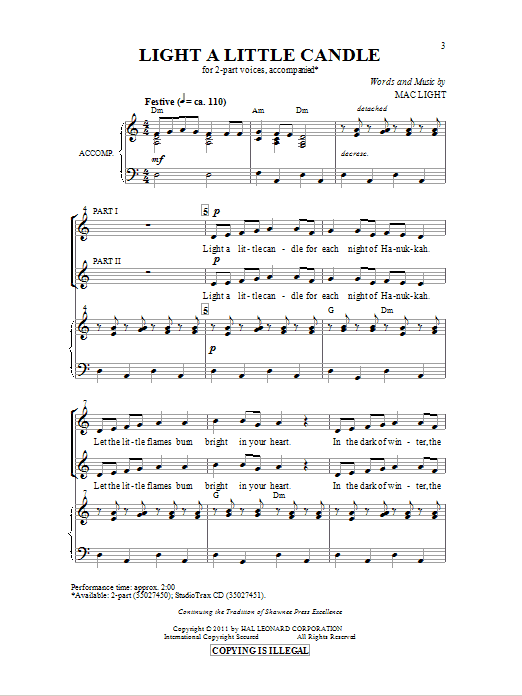Mac Light Light A Little Candle sheet music notes and chords arranged for 2-Part Choir