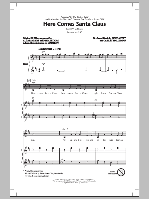 Mac Huff Here Comes Santa Claus (Right Down Santa Claus Lane) sheet music notes and chords arranged for SSA Choir