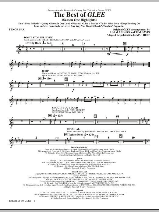 Mac Huff The Best Of Glee (Season One Highlights) - Tenor Sax sheet music notes and chords. Download Printable PDF.