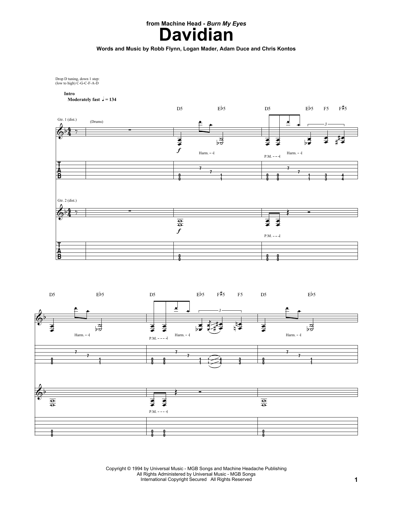 Machine Head Davidian sheet music notes and chords arranged for Guitar Tab