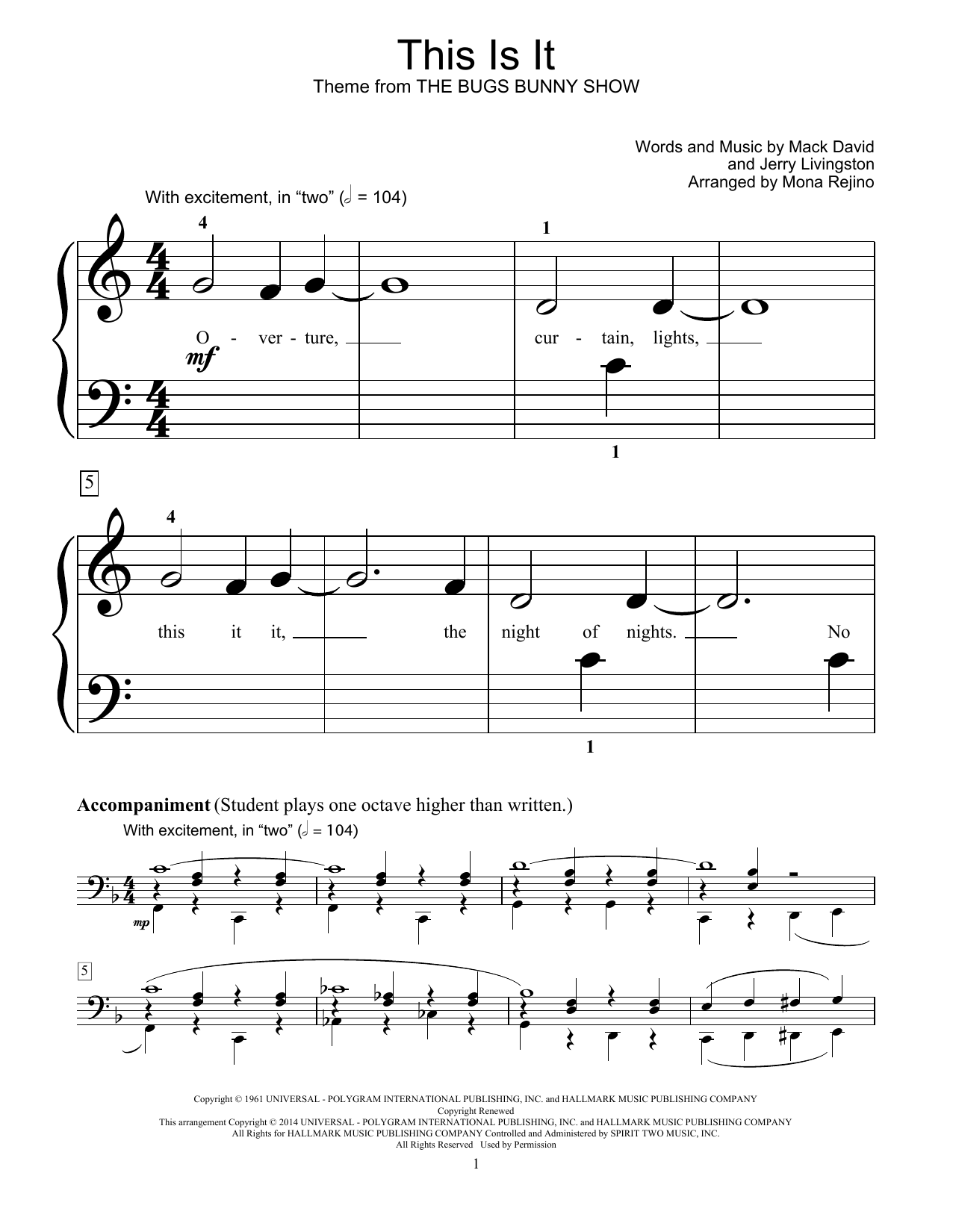 Mack David & Jerry Livingston This Is It (arr. Mona Rejino) sheet music notes and chords arranged for Educational Piano