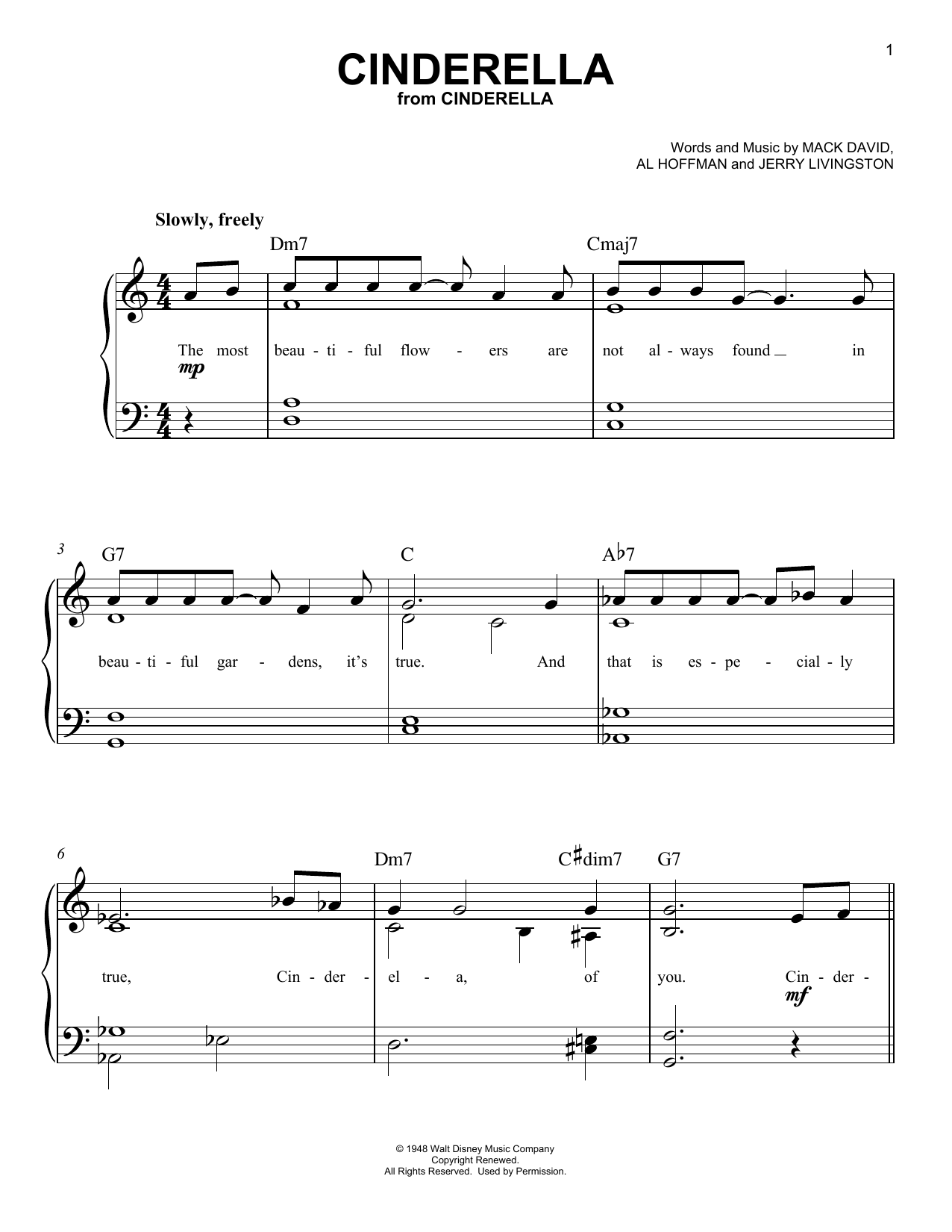 Mack David, Al Hoffman, & Jerry Livingston Cinderella sheet music notes and chords arranged for Easy Piano