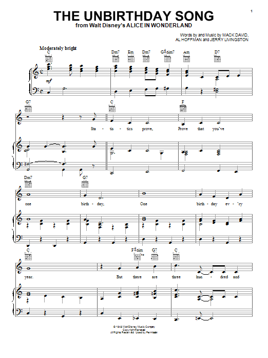 Mack David, Al Hoffman and Jerry Livingston The Unbirthday Song (from Alice In Wonderland) sheet music notes and chords arranged for Easy Guitar Tab