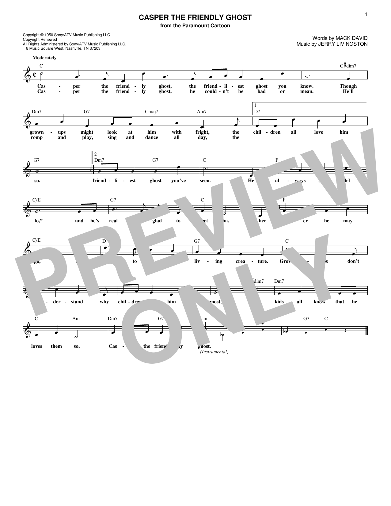 Mack David Casper The Friendly Ghost sheet music notes and chords arranged for Lead Sheet / Fake Book