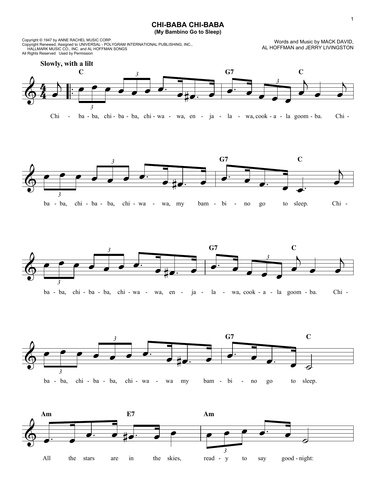 Mack David Chi-Baba Chi-Baba (My Bambino Go To Sleep) sheet music notes and chords arranged for Lead Sheet / Fake Book