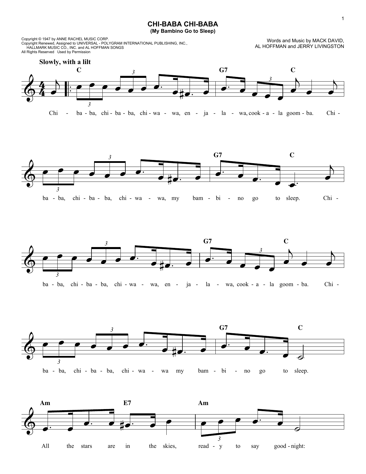 Mack David Chi-Baba Chi-Baba (My Bambino Go To Sleep) sheet music notes and chords arranged for Easy Lead Sheet / Fake Book