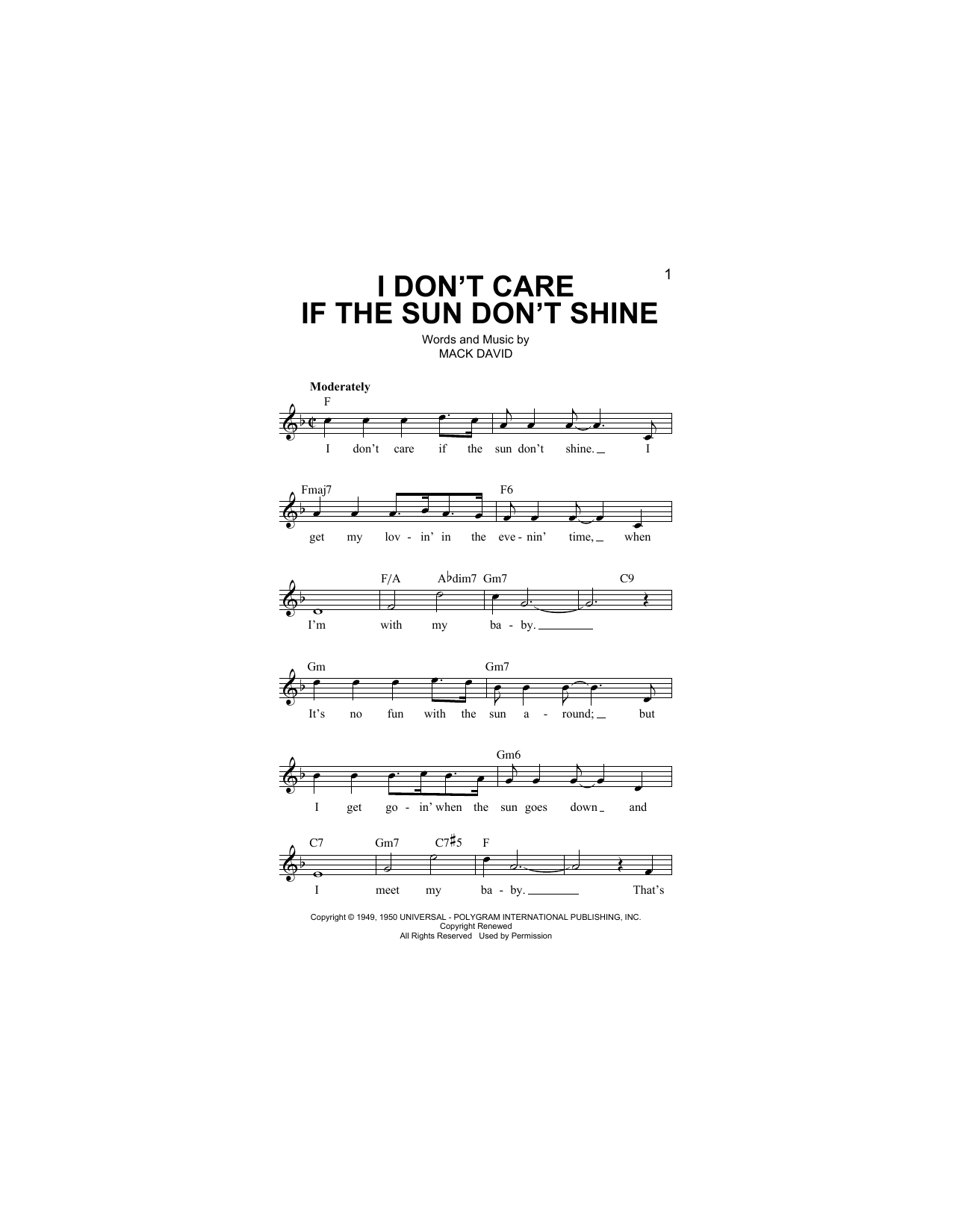 Mack David I Don't Care If The Sun Don't Shine sheet music notes and chords arranged for Lead Sheet / Fake Book