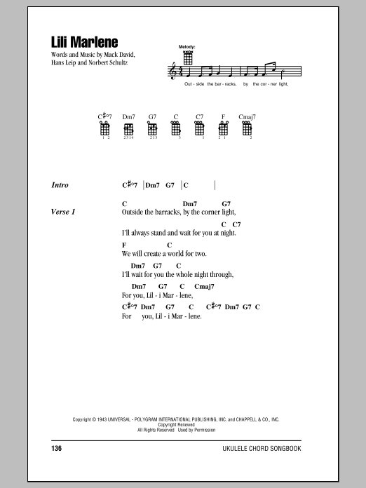 Mack David Lili Marlene sheet music notes and chords arranged for Ukulele Chords/Lyrics