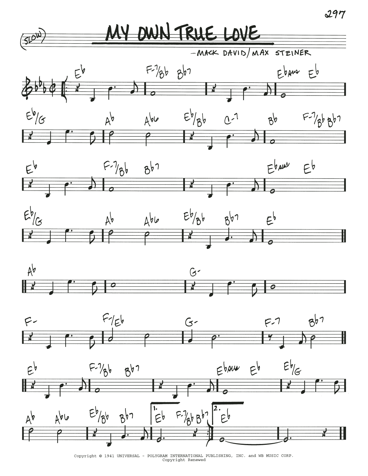 Mack David My Own True Love sheet music notes and chords arranged for Real Book – Melody & Chords