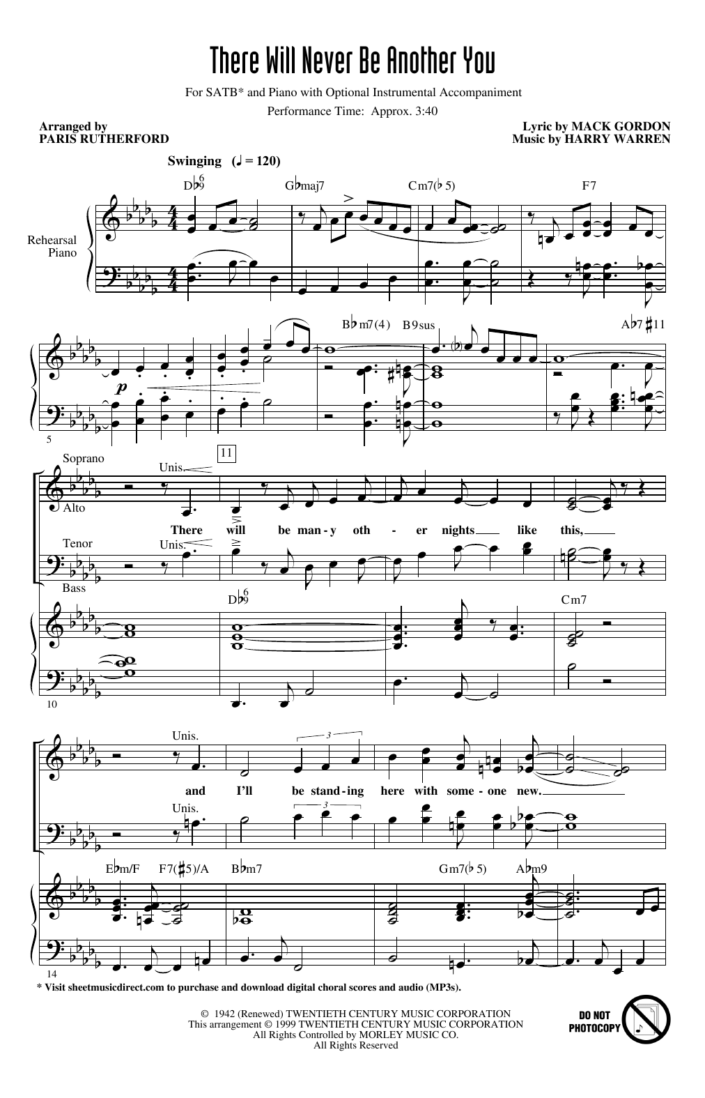 Mack Gordon and Harry Warren There Will Never Be Another You (arr. Paris Rutherford) sheet music notes and chords arranged for SATB Choir