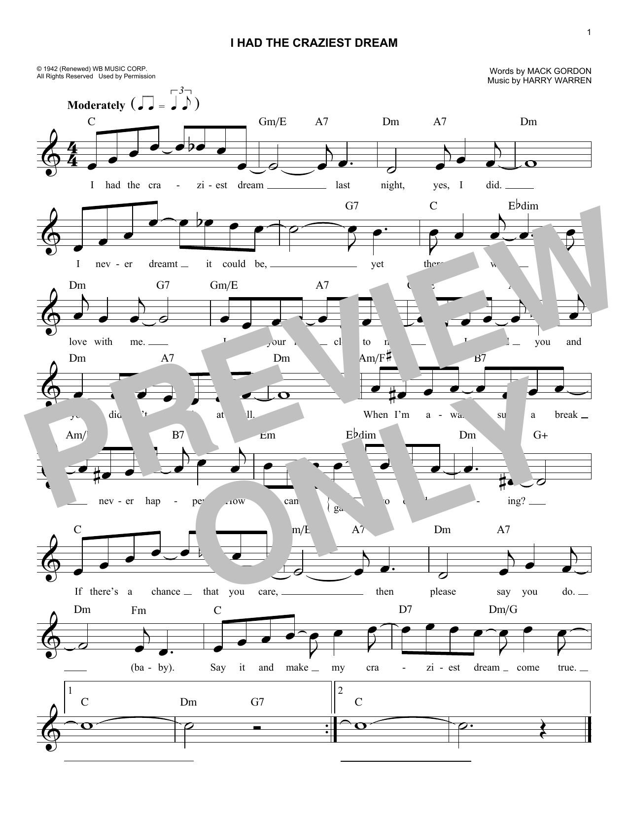 Mack Gordon I Had The Craziest Dream sheet music notes and chords arranged for Lead Sheet / Fake Book