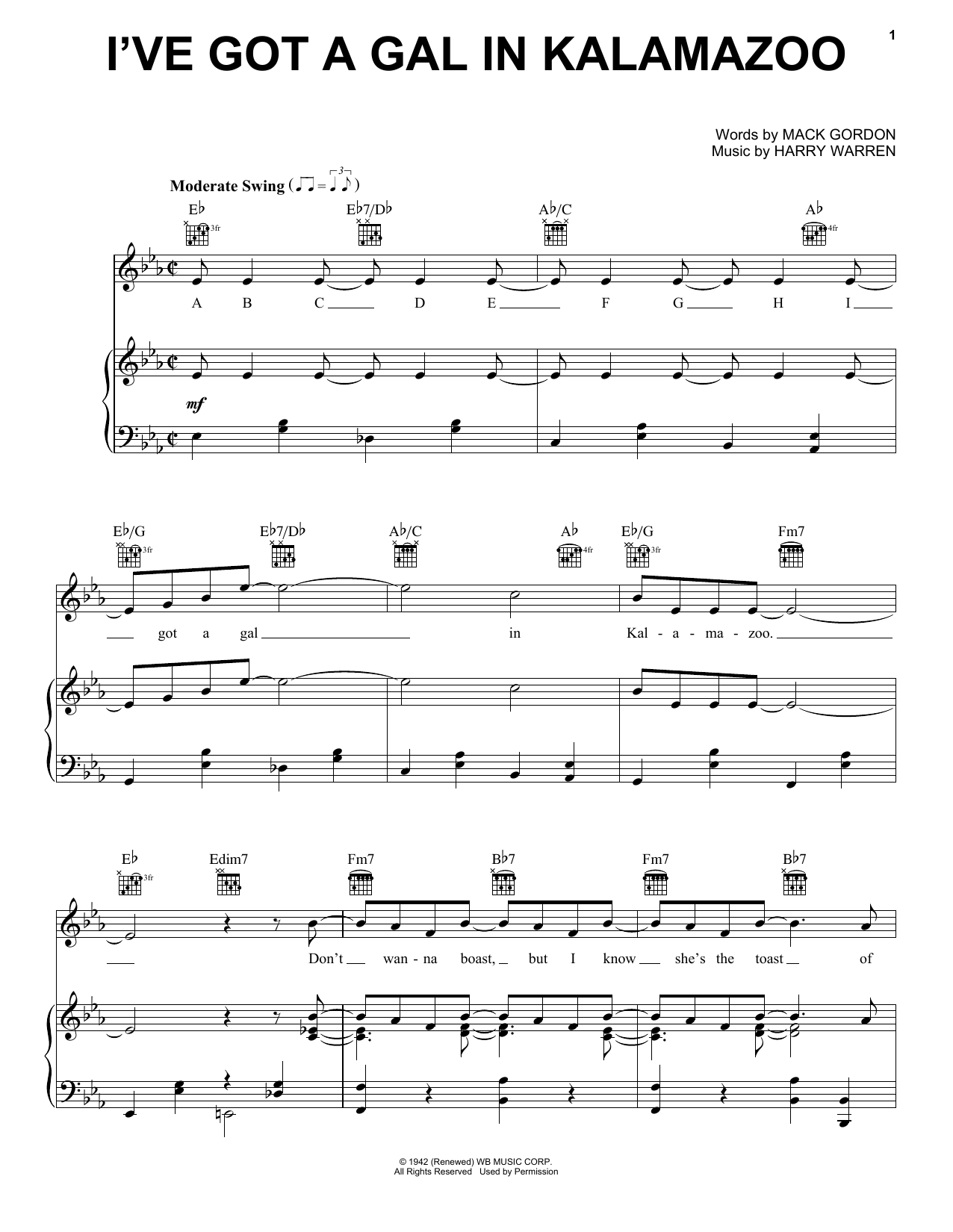 Mack Gordon I've Got A Gal In Kalamazoo sheet music notes and chords arranged for Piano, Vocal & Guitar Chords (Right-Hand Melody)