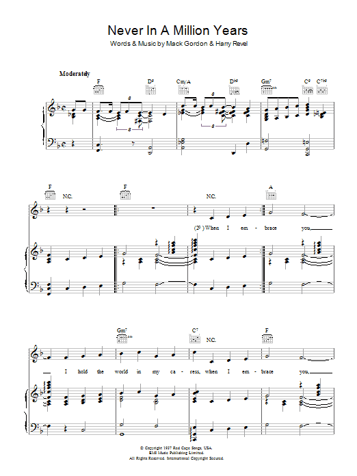 Mack Gordon Never In A Million Years sheet music notes and chords arranged for Piano, Vocal & Guitar Chords