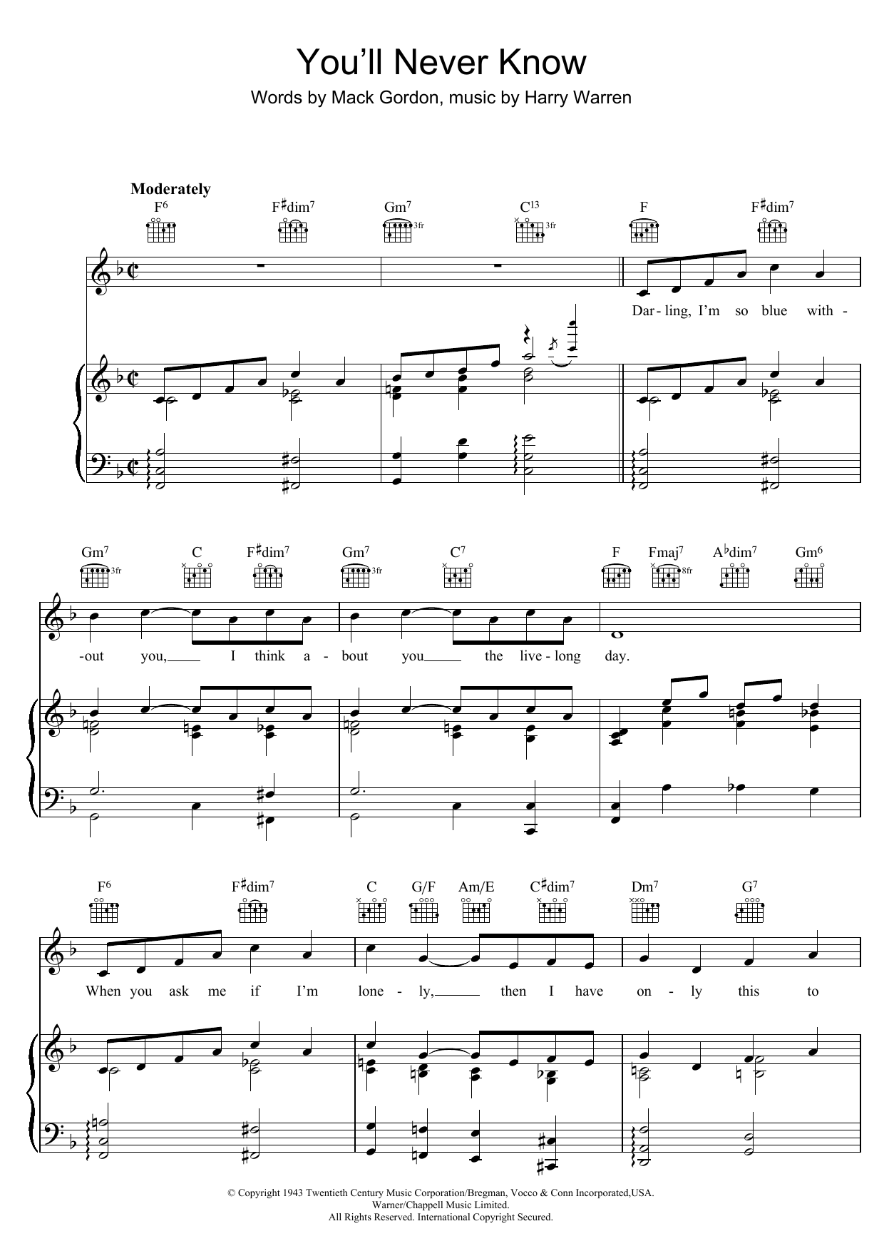 Mack Gordon You'll Never Know sheet music notes and chords arranged for Piano, Vocal & Guitar Chords