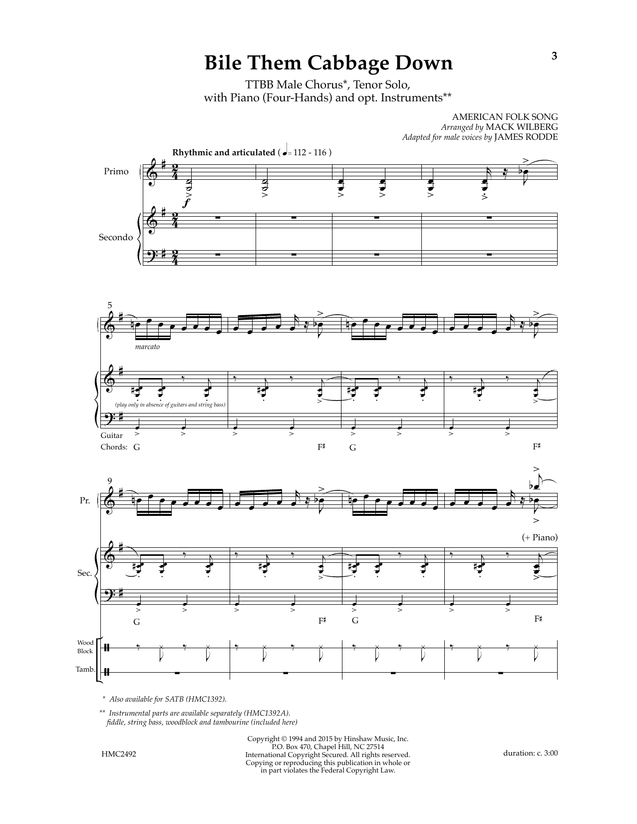 Mack Wilberg Bile Them Cabbage Down (adapt. James Rodde) sheet music notes and chords arranged for TTBB Choir