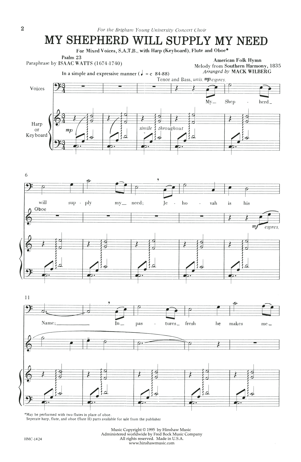 Mack Wilberg My Shepherd Will Supply My Need sheet music notes and chords arranged for SSAA Choir