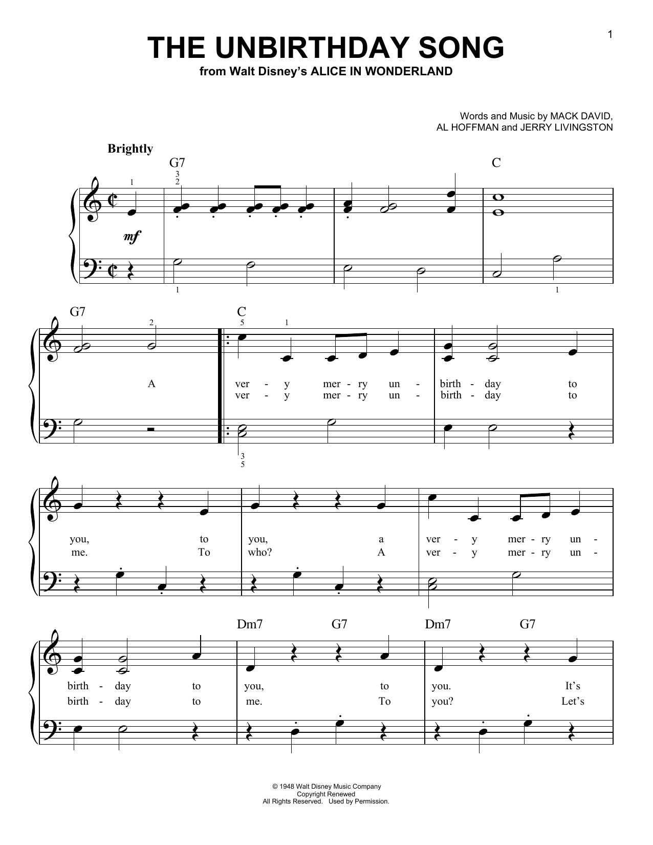 Mack David The Unbirthday Song (from Disney's Alice In Wonderland) sheet music notes and chords. Download Printable PDF.