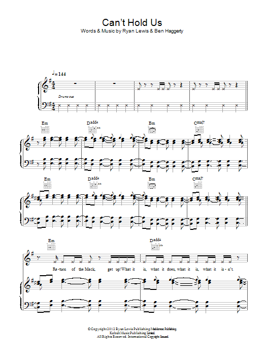 Macklemore and Ryan Lewis Can't Hold Us sheet music notes and chords arranged for Piano, Vocal & Guitar Chords