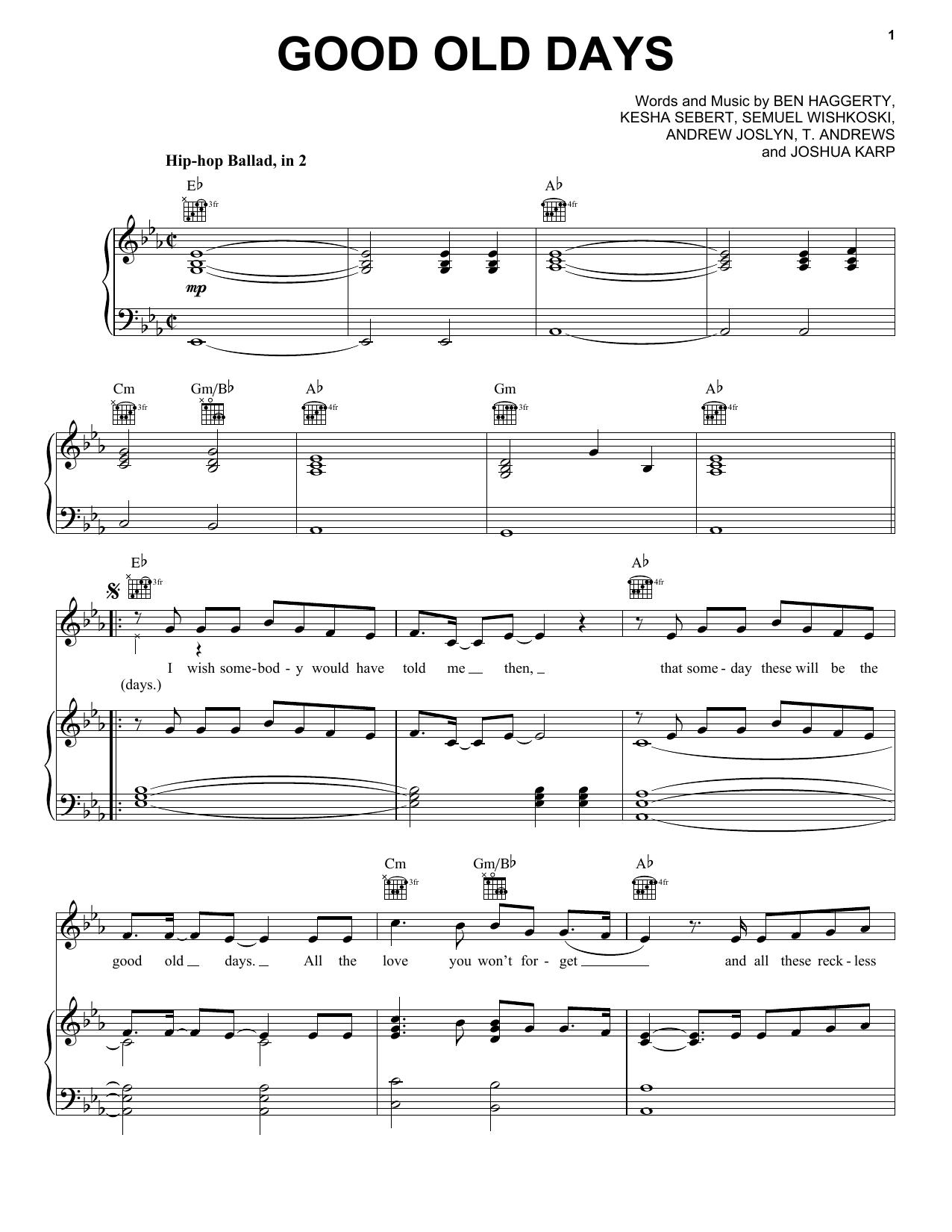 Macklemore feat. Kesha Good Old Days sheet music notes and chords arranged for Piano, Vocal & Guitar Chords (Right-Hand Melody)