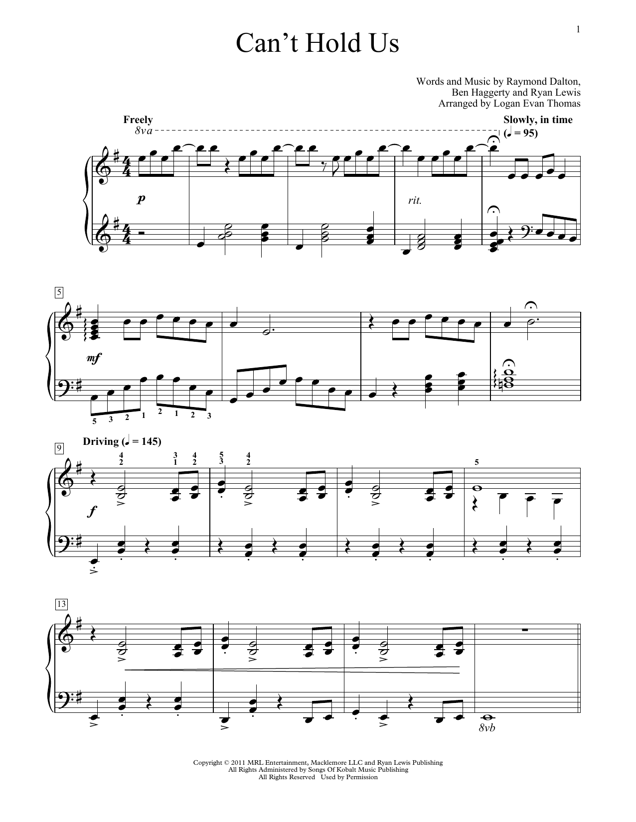 Macklemore & Ryan Lewis Can't Hold Us (arr. Logan Evan Thomas) sheet music notes and chords arranged for Educational Piano