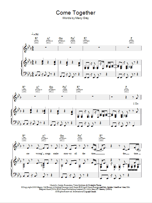 Macy Gray Come Together sheet music notes and chords arranged for Piano, Vocal & Guitar Chords