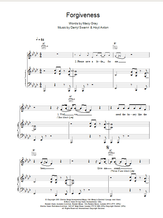 Macy Gray Forgiveness sheet music notes and chords arranged for Piano, Vocal & Guitar Chords