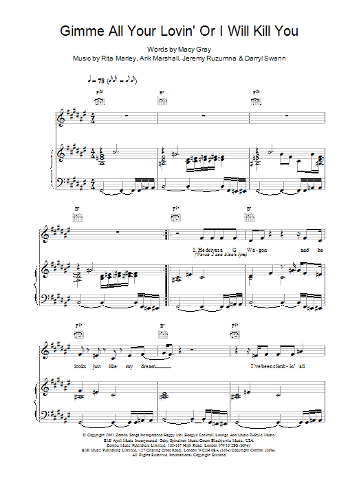 Macy Gray Gimme All Your Lovin' Or I Will Kill You sheet music notes and chords arranged for Piano, Vocal & Guitar Chords