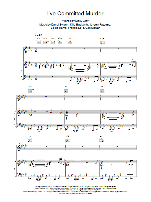 Macy Gray I've Committed Murder sheet music notes and chords arranged for Piano, Vocal & Guitar Chords
