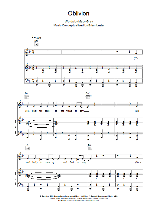 Macy Gray Oblivion sheet music notes and chords arranged for Piano, Vocal & Guitar Chords