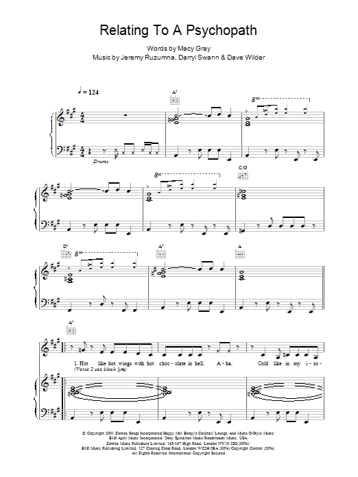 Macy Gray Relating To A Psychopath sheet music notes and chords arranged for Piano, Vocal & Guitar Chords