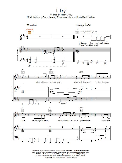 Macy Gray I Try sheet music notes and chords arranged for Piano, Vocal & Guitar Chords (Right-Hand Melody)