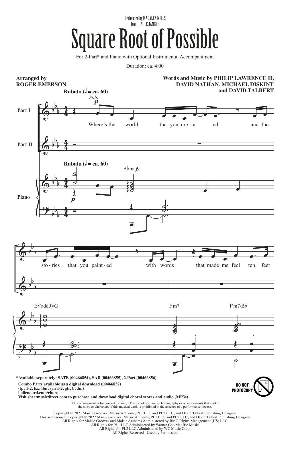 Madalen Mills Square Root Of Possible (from Jingle Jangle) (arr. Roger Emerson) sheet music notes and chords arranged for SAB Choir
