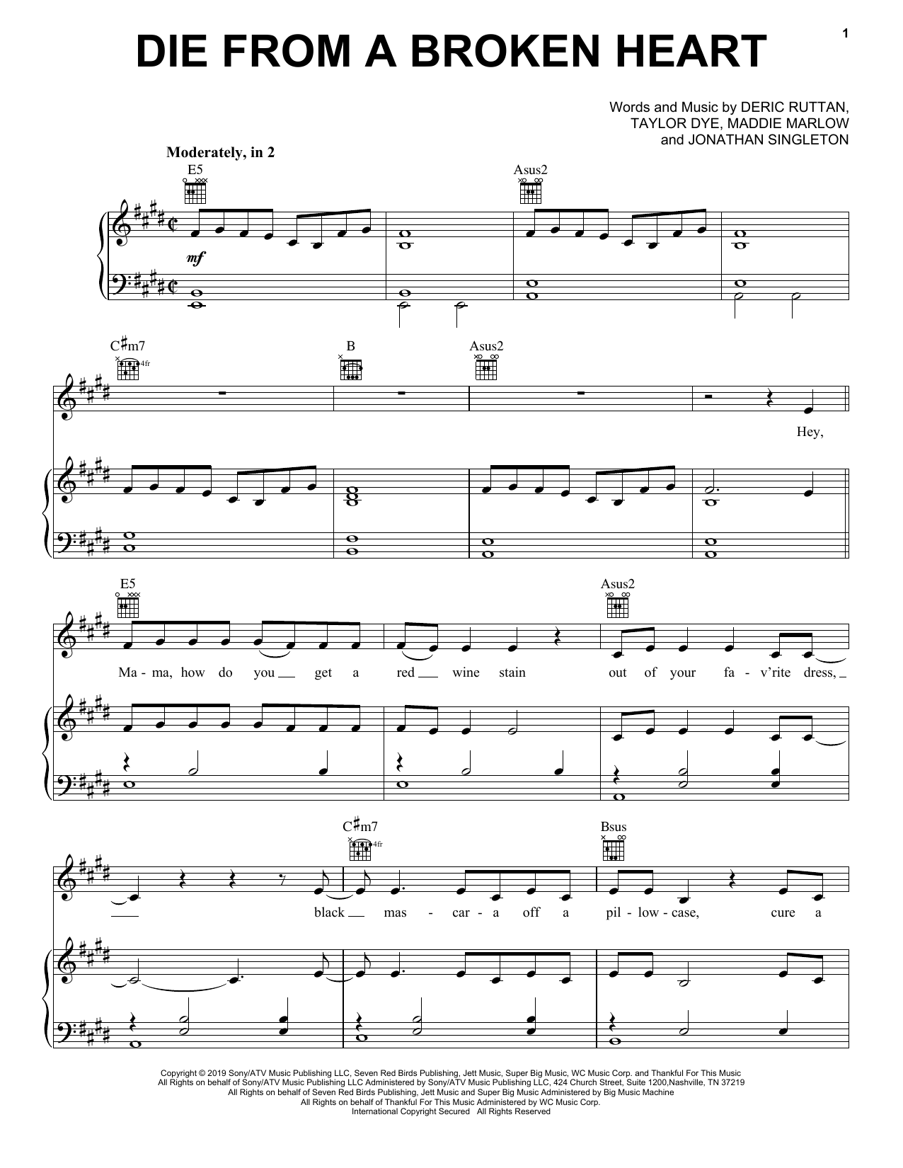 Maddie & Tae Die From A Broken Heart sheet music notes and chords arranged for Piano, Vocal & Guitar Chords (Right-Hand Melody)