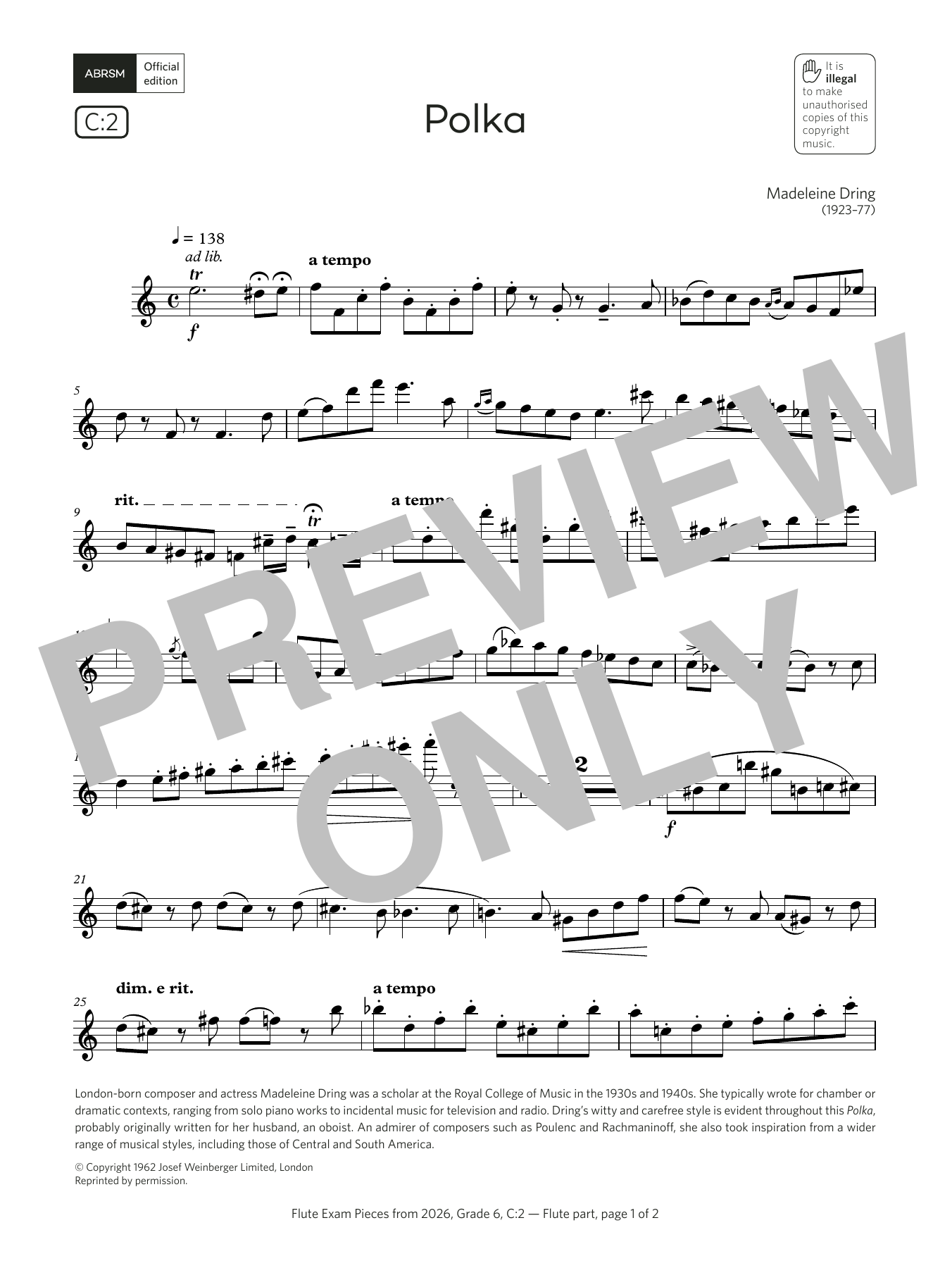 Madeleine Dring Polka (Grade 6, list C2, from the ABRSM Flute Syllabus from 2026) sheet music notes and chords arranged for Flute Solo