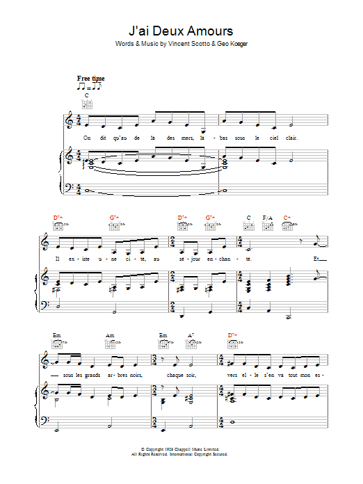 Madeleine Peyroux J'ai Deux Amours sheet music notes and chords arranged for Piano, Vocal & Guitar Chords
