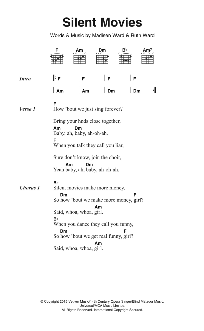 Madisen Ward and the Mama Bear Silent Movies sheet music notes and chords arranged for Guitar Chords/Lyrics