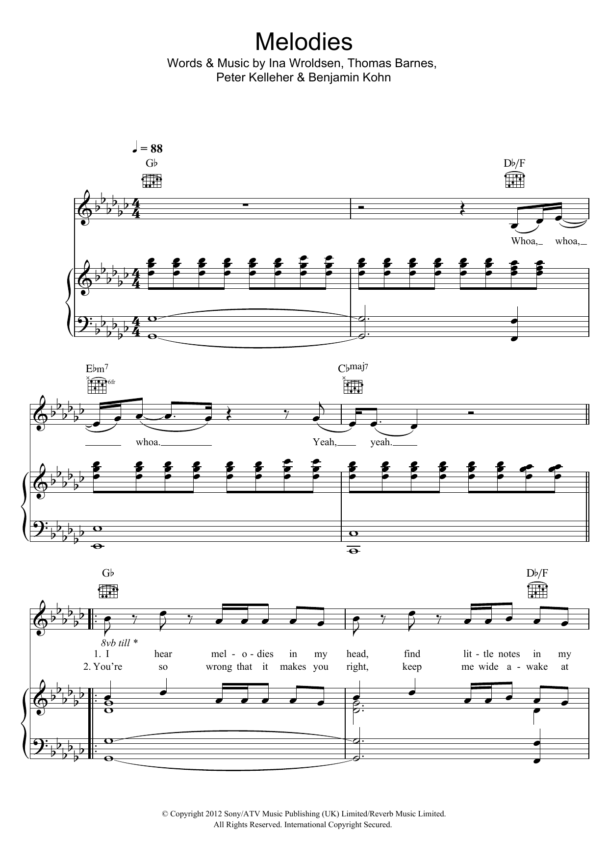 Madison Beer Melodies sheet music notes and chords arranged for Piano, Vocal & Guitar Chords