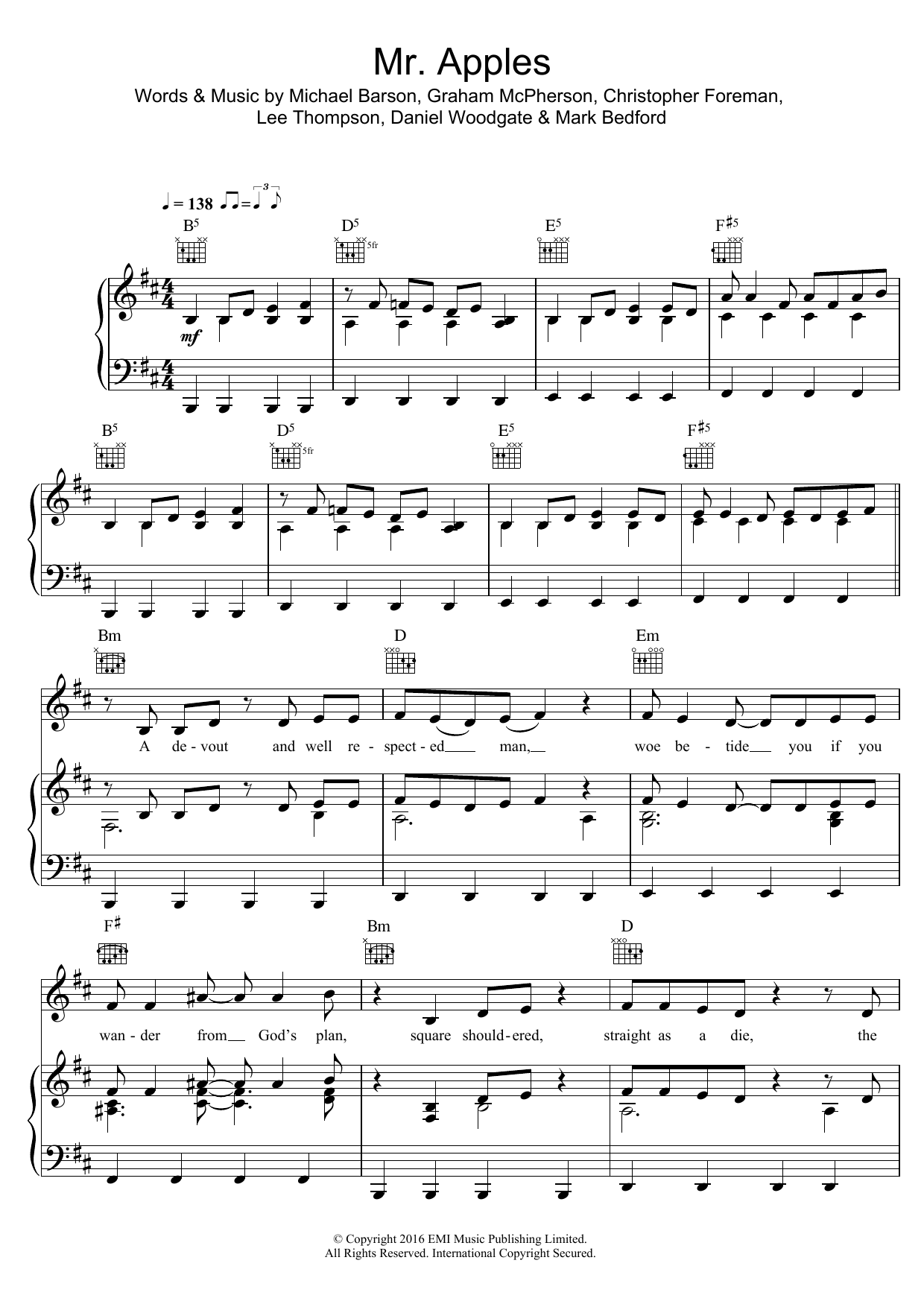 Madness Mr Apples sheet music notes and chords arranged for Piano, Vocal & Guitar Chords