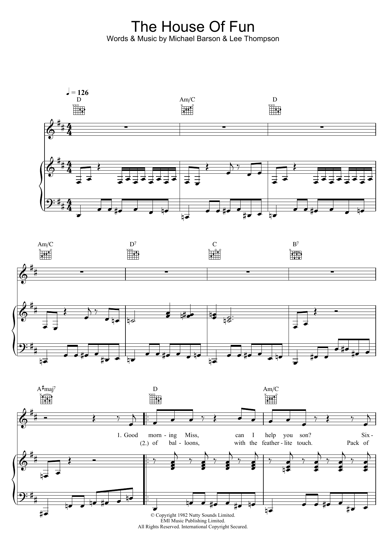 Madness The House Of Fun sheet music notes and chords arranged for Piano, Vocal & Guitar Chords