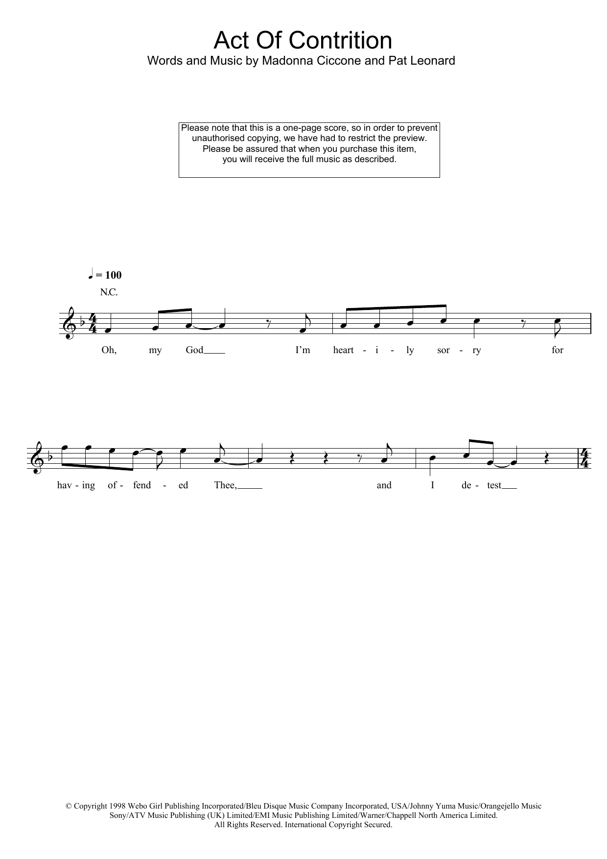 Madonna Act Of Contrition sheet music notes and chords arranged for Lead Sheet / Fake Book