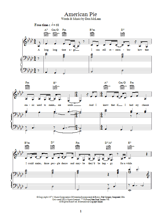 Madonna American Pie sheet music notes and chords arranged for Piano, Vocal & Guitar Chords